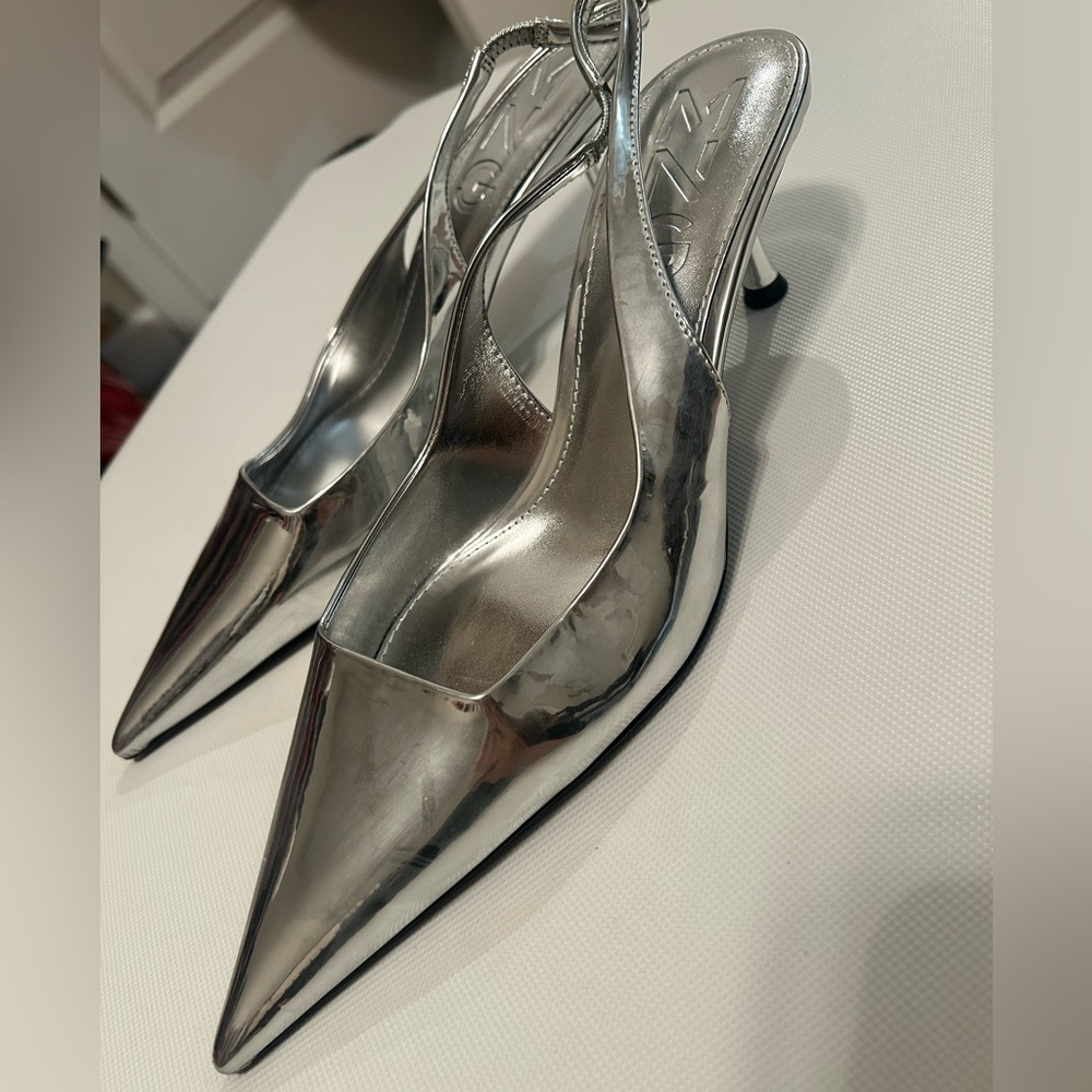 Mango Chrome Silver Slingback Kitten Women's Heels
